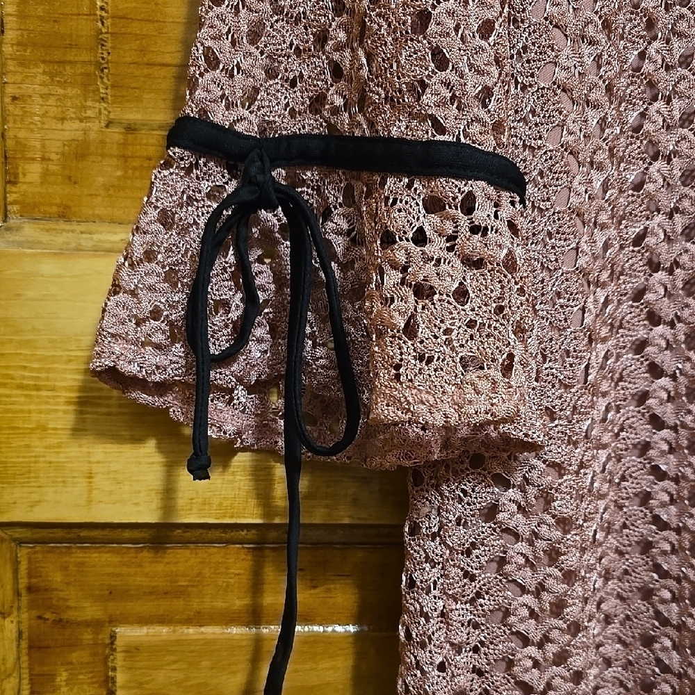 Olivia Blu Pink Lace Grandmacore Blouse with 3/4 Bell Sleeves and Tie Front S - Picture 3 of 5
